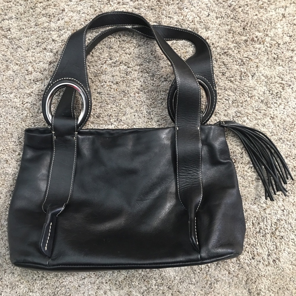 TOSCA BLU Black Leather Tote with Ring Detail and Tassel